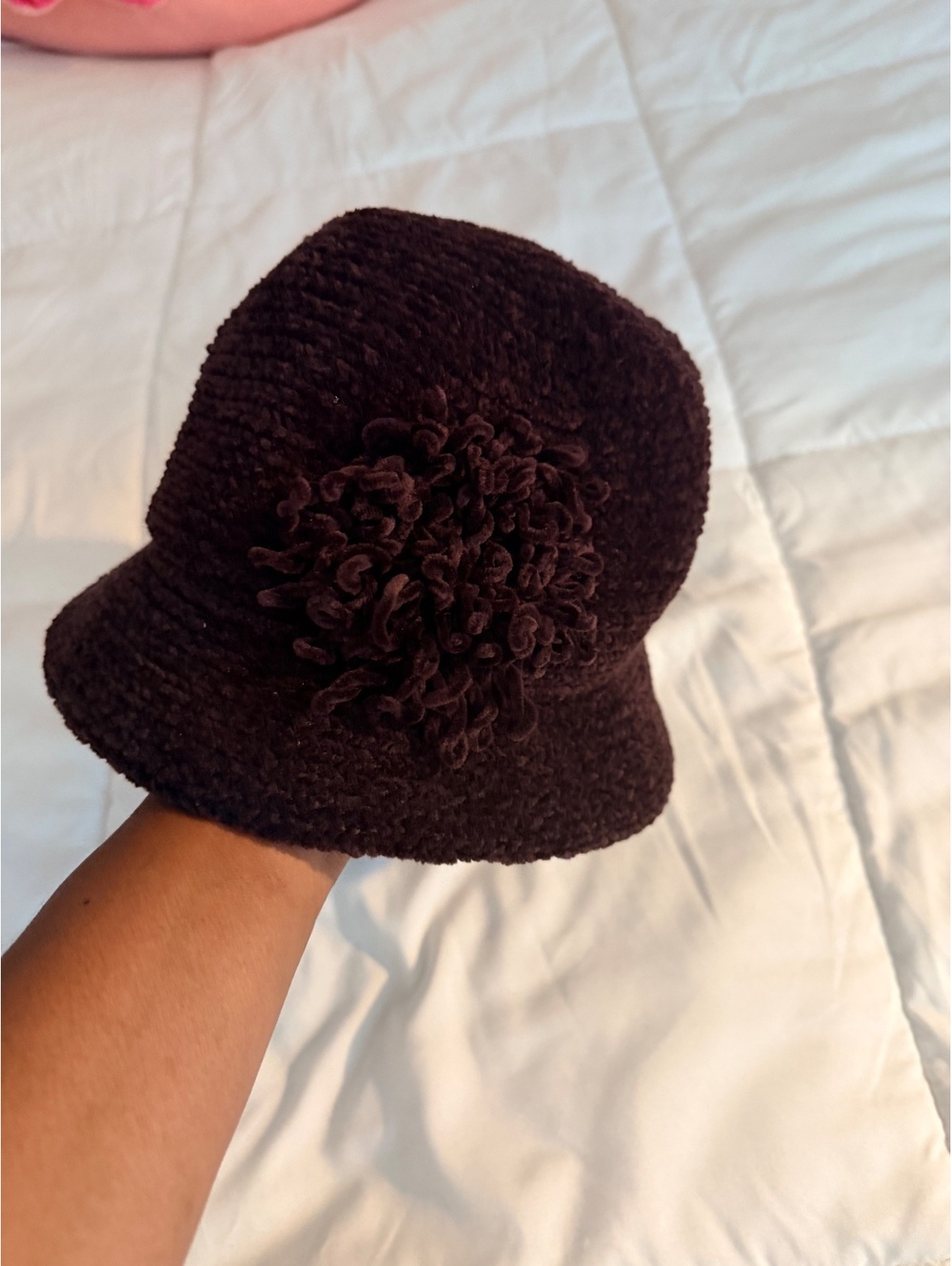 Vintage Dark Brown Chenille Bucket Hat with Floral Accent